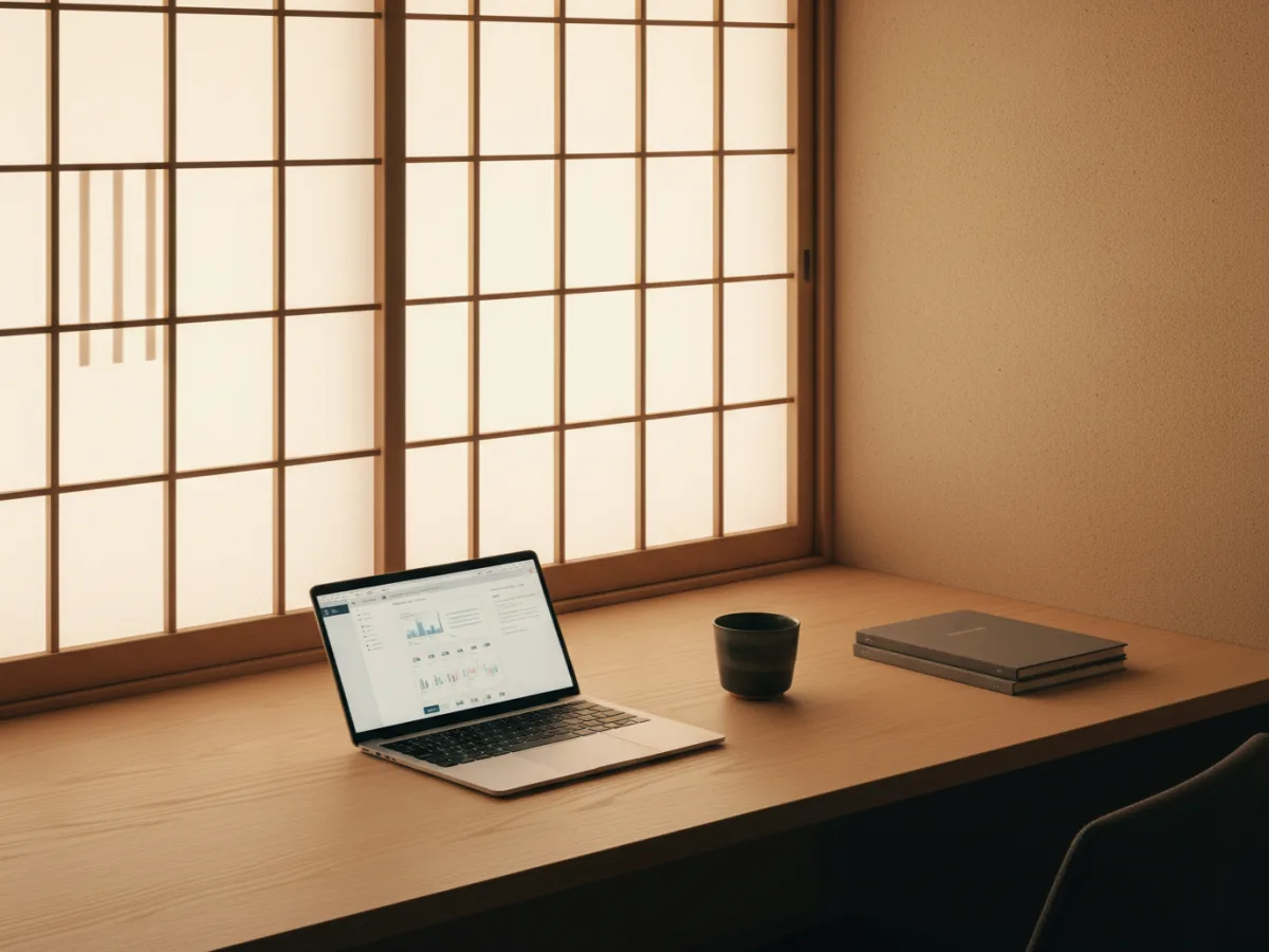 障子越しの柔らかな光が差す、静かな和のワークスペース。ノートパソコンと茶碗が並ぶ机。